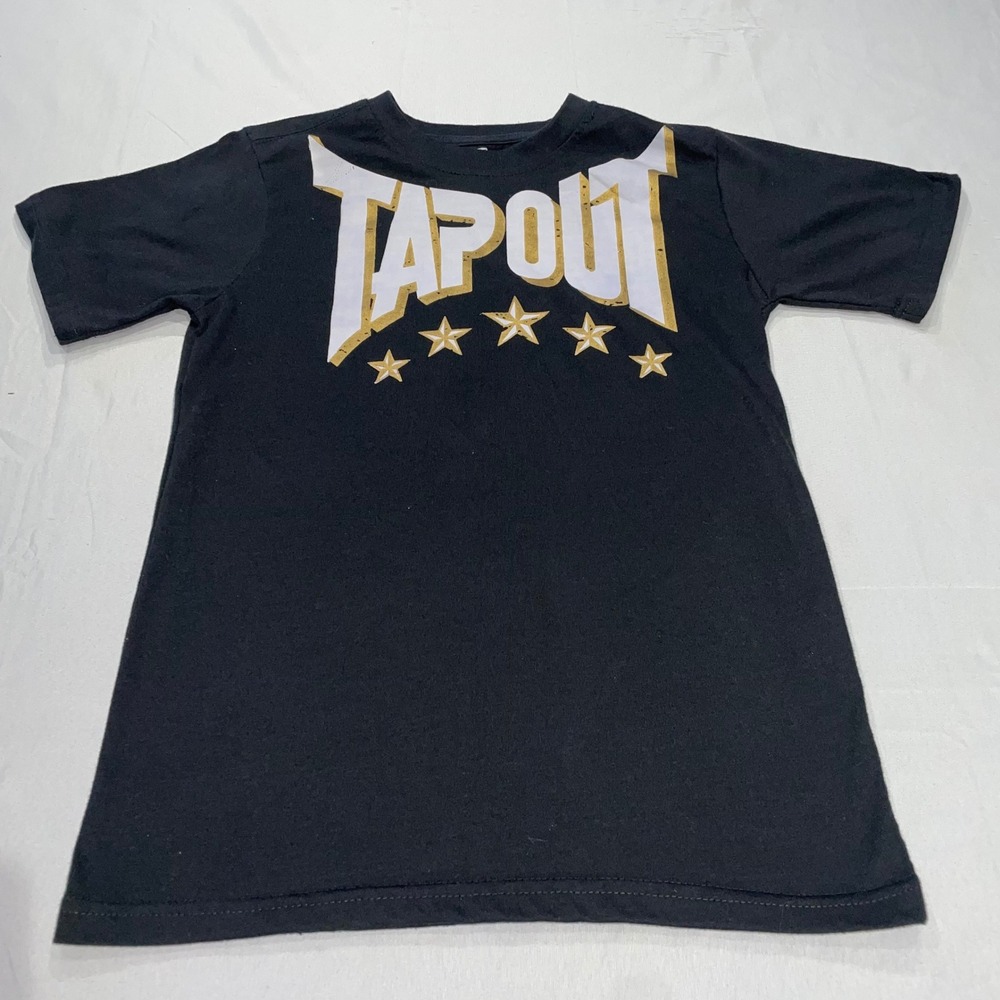 Tapout Kids Boys Black Graphic T-Shirt Gold‎ White Logo Stars Size M 10/12
